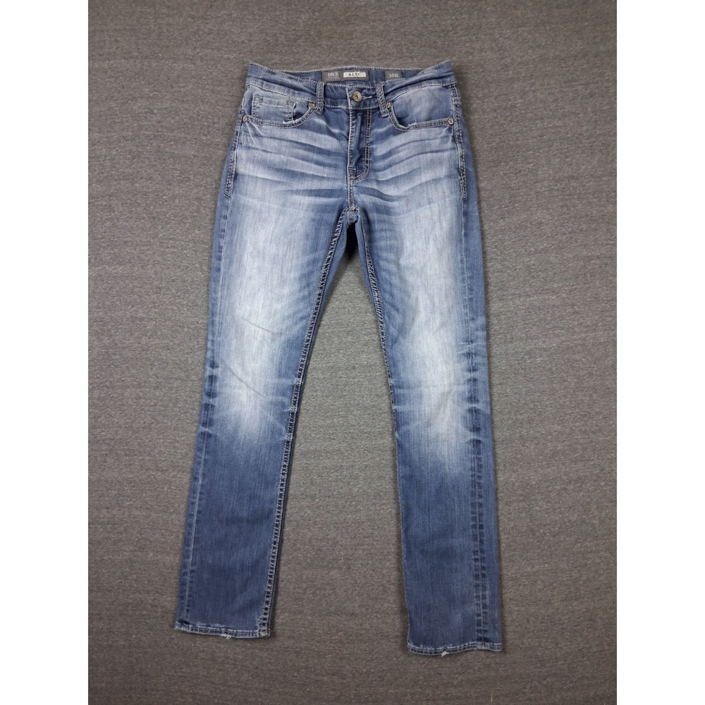 BKE Mens Jeans 30R Blue Denim Alec Straight Slim‎ Whiskering Thick Stitch Casual